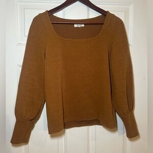 Made-well Ottoman Rib Sweater Top M‎ Brown Dried Cedar Square Neck Puff Sleeve.